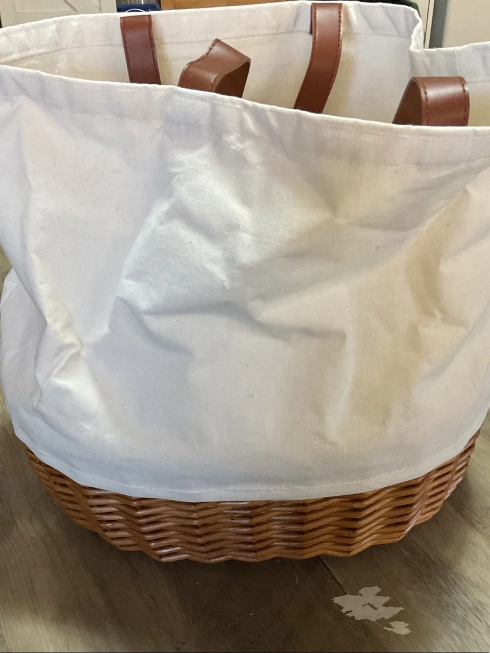 WM Logo White Canvas and Brown Wicker Picnic Basket Tote